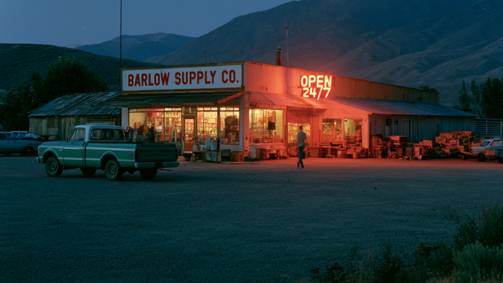Barlow Supply Co. at dusk — a red neon OPEN 24/7 sign glowing over golden-lit windows, a green pickup parked out front, the owner walking home.
